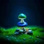 Placeholder: "Close up of a wonderful tiny Mushroom Tower home. indigo and green with bright white, deep black and contrasting tones of gray. Illuminated bioluminescent forest. Professional painter, master at composition. small but detailed. broken, blurred background, voluminous lighting"