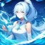 Placeholder: Clear focus, 8k, beautiful lighting, vibrant colors, girl, light blue hair, long hair, white eyes, ponytail, messy hair, water magic,