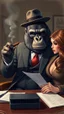 Placeholder: A gorilla wearing a suite and tie with hat sitting as a boss on office table with a cigar in hand and a beautiful young woman secretary taking a note from him