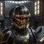 Placeholder: star wars bald male corellian pilot wearing pearlescent black and gunmetal grey First Order special forces heavy assault stealth commando armor and helmet with gold trim inside the jedi temple, hyperdetailed, dynamic lighting, hyperdetailed background, 8k resolution, volumetric lighting, light skin, fully symmetric details