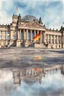 Placeholder: Typical Germany, Reichstag architecture, one small German flag hanging on the facade of the building. People on the street are reflected in a puddle on the asphalt. Watercolor style. 8k quality