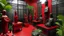 Placeholder: A room built with the use of statues, metal blocks, fences, ferns and the color red.