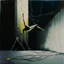 Placeholder: Minimal abstract oil painting of a falling person limbs sinew. Amongst concrete fragments brutalist architecture and hanging wires illuminated at night. In the style of Justin Mortimer and Francis bacon