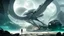 Placeholder: woman with dark hair in a silver robotic catsuit, standing on a futuristic alien beach with a crashed spaceship in the water, with mushrooms with octopus tentacles flying in the air