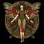 Placeholder: Full Body, Art Nouveau Woman With A Bob With A Fringe Hairstyle, Cleopatra Clothing, Steampunk Metal moth with red wings, Black Background