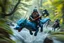 Placeholder: oil painting ,motion blur portrait of harpy - Forgotten Realms dodging cyberpunk armored dwarf with warhammer riding tiny furry blue and purple dragon above water and along winding branches in lush green forest along speeding horses , bokeh like f/0.8, tilt-shift lens 8k, high detail, smooth render, down-light, unreal engine, prize winning