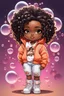 Placeholder: Create an colorful futurism comic book illustration of a chibi cartoon black female thick curvy wearing a cut of peach hoodie and white jeans and timberland boots. Prominent make up with long lashes and hazel eyes. Highly detailed shiny sister locs. Background of a large bubbles all around her