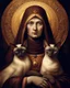 Placeholder: hauntingly illuminated medieval portrait of Saint Gertrude of Nivelles, her serene yet commanding presence radiating from the gilded frame as if stepping through time. Dressed in flowing 7th-century abbess robes of deep burgundy and gold, she cradles two sinuous Oriental Shorthair chocolate point Siamese cats like sacred relics—their piercing blue eyes glowing like sapphires against velvety sepia fur, their angular faces turned toward her with feline reverence. One paw rests on her embroidered s