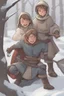 Placeholder: DnD style, two medieval peasant kids playing in the snow male and female, age 14 and 15, happy and playful, he has a short sword.