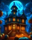 Placeholder: Generate a high-resolution, photo-realistic image of a vibrant blue haunted house with eerie architectural details, set in a spooky Halloween scene. In the foreground, place two pumpkins stacked, the top one carved and glowing. A haunted skeleton should be emerging from near the pumpkins. Include a witch flying on a broom across the large, glowing blue moon, casting shadows over the scene. Several bats should also be flying in the sky. The overall composition should be vivid and capture the chil