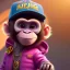 Placeholder: pixar style anamorphic cute monkey baby, smiling, gangsta gold neckless, wearing hat, full body, magenta puffer jacket, manila city backdrop, dramatic lighting, hyper-realistic, unreal engine 5, 16k. full detailed,