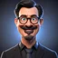 Placeholder: a portrait of smiling western man. 50 years old. caricature. black short hair. light skin. blue eye pupils. rectangle eyeglasses, black frame. heart face shape. extended goatee moustache. wear black formal dress. pixar style. 3D. 4k. portrait. highly detailed. sharp focus. high resolution. full color. cinema lighting