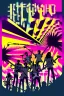 Placeholder: upclose tshirt print of a band,text on print - "Mashup", cool and trendy mix between modern music and 90s funk, selective colors, skeleton shadow figures jamming in the sunset, drums, guitars, fluits, chaotic