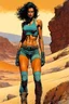 Placeholder: create a fine art print full body illustration of a rugged gritty, roughly textured Fremen female sayyadina with highly detailed feminine facial features, traversing a a rocky outcrop amidst the desert sands of Arrakis, dusty, gritty, in the comic book art style of Bill Sienkiewicz, and Jean Giraud Moebius, finely textured, drawn, colored, and inked,