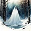 Placeholder: White bedsheet ghost, Night, forest, snow, blizzard, created in inkwash and watercolor, carnival in the comic book art style of Mike Mignola, Bill Sienkiewicz and Jean Giraud Moebius, highly detailed, grainy, gritty textures, , dramatic natural lighting