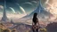 Placeholder: exotic slim sci-fi girl, with long dark hair with bangs, on an alien planet with cloud trees, tall spires, buildings, bridges, arches, photorealistic