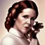 Placeholder: zoomed out stunning photo realistic portrait of carrie fisher as Princess Leia in star wars with photo realistic fine and very simple hairstyle, brown eyes, macro lens blur, eos5d mark 4, ef 85mm 5.6, professional majestic photo realistic painting by Ed Blinkey, Atey Ghailan, by Jeremy Mann, Greg Manchess, Antonio Moro, trending on ArtStation, Intricate, High Detail, Sharp focus, dramatic, by greg rutkowski, realism, beautiful and detailed lighting,
