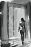 Placeholder: woman walking away out of someone's office with big windows sketch style