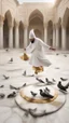 Placeholder: Hyper Realistic Sufi Whirling on stone floor with white & Golden Islamic Sufi Rustic Grungy Background outside white marble Islamic monument with pigeons flying