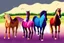Placeholder: illustration horses of different colors in a field from afar