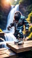 Placeholder: magazine cover, twisted hairy rock star alien gremlin gorilla rapper with silver boots as a pimp on wooden bridge going down heavens waterfall,bokeh like f/0.8, tilt-shift lens 8k, high detail, smooth render, down-light, unreal engine, prize winning