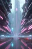 Placeholder: futuristic cyberpunk city street, reflections, luminous, bustling