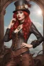 Placeholder: Photorealistic full-height photo of a fantasy skinny pin-up girl in a steampunk outfit with long, red hair