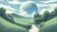 Placeholder: giant half transparent virtual moon, glitchy, blurry, maximum quality, centered on frame, far view, in the middle of a grassy hill, white sky with cumulonimbus, manga, makoto shinkai style