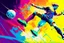 Placeholder: Oil painting, football match, the striker is kicking a goal, the ball is flying, bright but not neon colours, dynamic lines, dynamic blobs, spots, lines in the background of the character, like a colour explosion