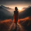 Placeholder: dark night, watching a woman from behind wearing a sleeveless dress who is walking towards a beautiful orange sunrise in the distance, mountains and forests around, photo quality