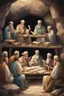 Placeholder: Several Christian priests of the 1st century AD are sitting in a cave and actively arguing and gesticulating, each holding a scroll of Ancient Scripture, many ancient scrolls are lying on a wooden table in front of them, everything is written in watercolor in high resolution, in 8k.