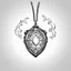 Placeholder: Make black and white cute drawing of a Mystic Amulet with black bold lines. Only outline, no grayscale. An elegant amulet with a glowing gem at its center, hanging on a chain. Surround it with magical light swirls.