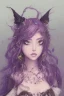 Placeholder: cute purple haired devil girl with bright green eyes and black horns on her head wearing a purple/pink dress