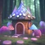 Placeholder: fairy house in the forest, blue and pink lights mushrooms and big flowers around campfire