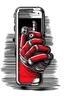 Placeholder: A clunky brick phone with a protruding antenna, held tightly by a gloved hand. A single red bar indicates weak signal strength. Style: Pop Art, Mood: Pop culture, Lighting: Bold, contrasting colors with a focus on the phone, T-shirt design graphic, vector, contour, white background.