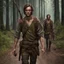 Placeholder: dnd, male forest hunters wearing eye, glasses, thin body ,starving, dirty, standard face, travelling the road background, brown hair