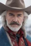 Placeholder: cowboy hat, thinning white hair, mustache, Blue eyes, close-up facial portrait - a Bright, well-lit UHD, 1080p 32k, photograph - winter time, hunting season, part Jesus Christ, part Elvis Presley with a mustache and short crew-cut hair, part Lee Majors, Part red and black checkered wool coat, blue jeans, cowboy boots, plaid shirt, sunbursts, crosses, 3D lighting, diamonds, hearts, Butterflies, Clovers, Roses, extremely colorful,