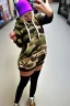 Placeholder: blonde taking selfie.thick thighs,thick calves,flat belly,curvy fell. NOVEL kind of hoodie, form which condescends with integrated bag[SIC]. It is sewed together of camouflage pieces, whose color are all denim colors,cream, brown and purple. Big colored headphones (gold rings!) is merged with small felt cap with small visor. Big bright purple felt tippet and birght-colored-hood is merged with colorful beanie. Inside is orange. Style: 1990's Finland