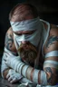 Placeholder: a very sad hurt swedish motorcycle young gang man with beard, he is covered all the body with bandage and are in deep pain, bandage all over him, cripple, lying on the floor