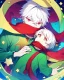 Placeholder: Green clothes with a yellow stripe and star in the middle of the print, short white hair, A young boy, wears a red scarf, has a colorful aura, At the bottom there are several stars, and his eyes are Light green