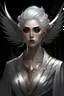 Placeholder: dnd character, queen portrait wearing white regal expression middle aged white dress fallen angel race with glowing facial markings, pale skin