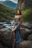 Placeholder: full shot body photo of the most beautiful artwork in the world featuring model, happy mood, High Detail, dramatic, photo realistic, ultra sharp, ultra hd, hyper realistic, ultra realistic, ((((dress)))), trending on artstation, sharp focus, studio photo, intricate details, highly detailed, standing in nice pose in country side with river ,water fall ,rocky valley,mountains at background, pretty clouds