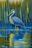 Placeholder: White faced heron standing in water, with reeds in the background. The image should be a ceramic broken tiles mosaic.