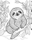 Placeholder: create a 2d black outline, "safari smiling cartoon sloth on a branch coloring book for kids", coloring page, low details design, black contour, coloring page design, simple background, colorful , card style, coloring page for kids, white background, sketch style, safari landscape, cartoon style