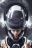 Placeholder: Black racing suit AnnaSophia Robb, portrait, bright white eyes, wearing high tech racing helmet, white smoke, dark, rage, sorrow, high definition, ultra 8 k, volumetric lighting, blue fire, fog