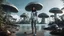 Placeholder: Wide-angle shot of a woman, standing on the right side of an alien beach, with dark hair in a silver robotic catsuit, lots of large floating mushrooms with long tentacles, alien jungle trees in the distance