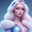 Placeholder: Snow white, beautiful, soft, blonde straight long hair, blues eyes, transparent and pink and blue suit, background brillante pink and blue,