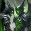 Placeholder: Demoniocon armadura verde con negro y alas verdes viendo a los ojos a un caballero de armadura negra que está frente a el