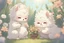 Placeholder: two cute fluffy chibi creatures, one kneeling and planting flowers, the other watching with arms folded in the sunshine, etherial