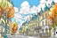 Placeholder: street in Old Town, Art Nouveau style houses, trees, clouds, autumn, watercolor, calligraphic line, pen drawing, black ink, intricate detailed, colored